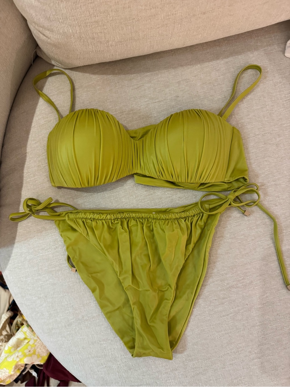 Olive Green Ruched Bandeau Bikini Set